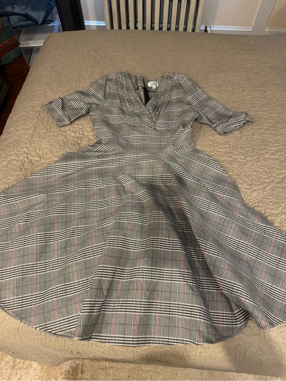 Unique Vintage Gray Plaid Fit-and-Flare Midi Dress